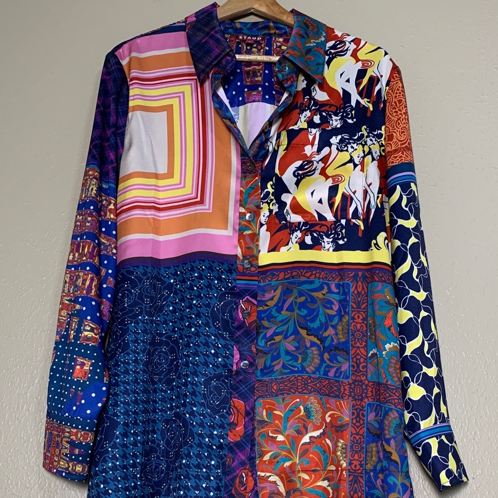 STAUD Button Down Top Womens S Multicolor Patchwork Print Long Sleeve Blouse